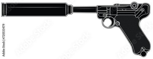 Vector illustration of the P08 Luger automatic pistol with silencer on the white background. Black. Left side.