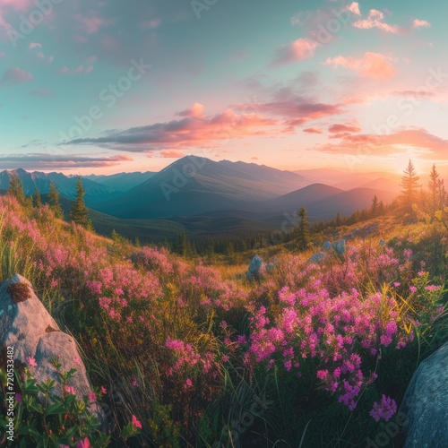 A View Of A Mountain Range With Wildflowers In The Foreground, Panoramic Anamorphic