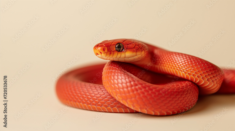 Fototapeta premium Red snake on the beige background. Minimalistic scene with wild animal. Useful for banner designs.