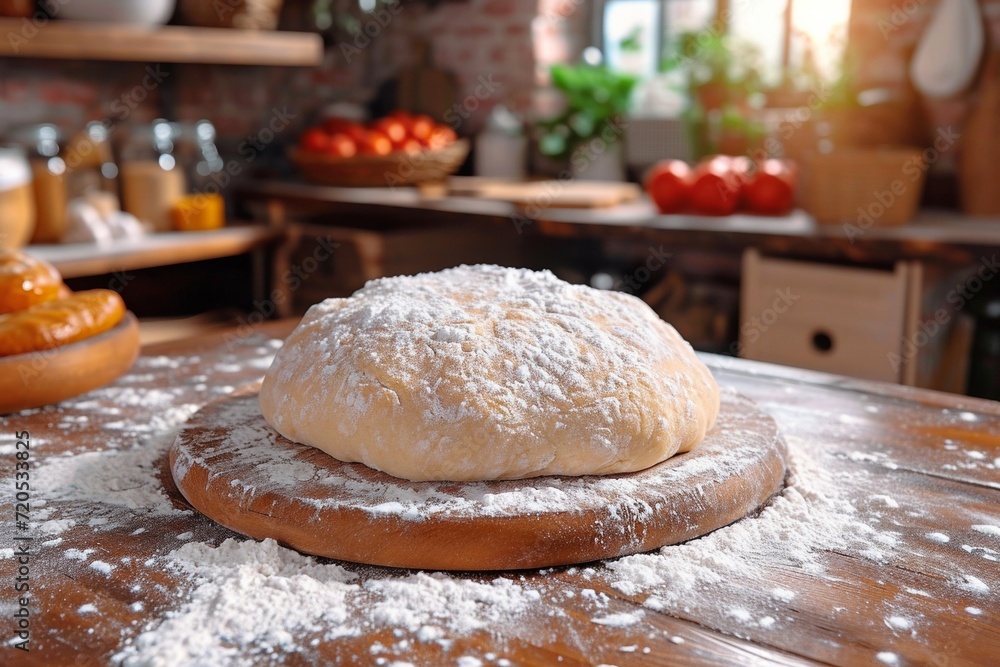 Preparing homemade bread in a rustic kitchen with kneading dough on a wooden table. Preparing homemade bread in a rustic kitchen with kneading dough on a wooden table.