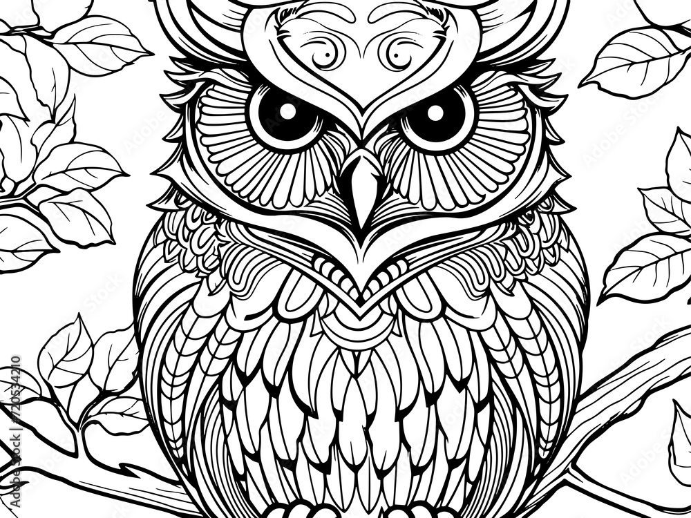 Wild bird, night bird sits on a tree branch surrounded by leaves. Raster generative AI, black lines Wild bird, night bird sits on a tree branch surrounded by leaves. Raster generative AI, black lines