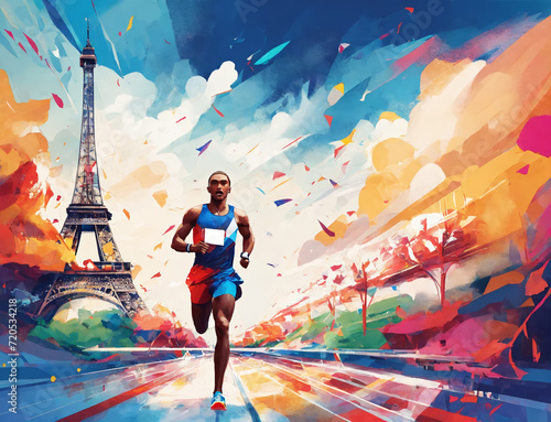 Un coureur athlétique sur une rue de Paris avec la tour Eiffel © shocky