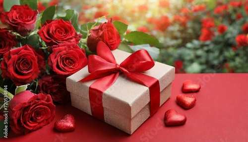 Beautiful carft gift box and roses on red background, flat lay with space for text. Valentine's day