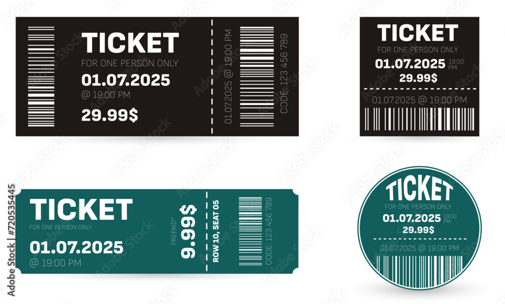 Concert ticket template in black or blue in different shapes. Party or festival admit one ticket template design. 