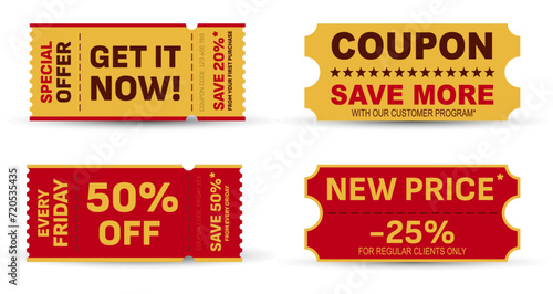 Coupon code tickets for promotional marketing. Gift tear-off voucher discount card design templates with reduced price. Special price offers sale coupon voucher.