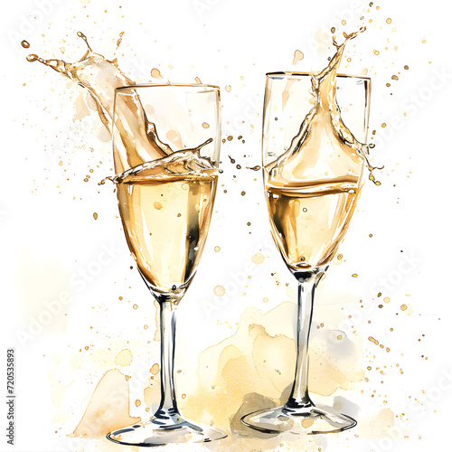 Two champagne glasses splash with drops isolated on white