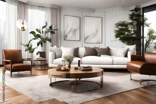 an AI description for an image  Circular wooden coffee table positioned next to a white sofa and accompanied by a brown leather armchair.