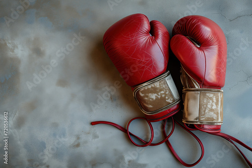 Rocky Balboas red boxing gloves on a concrete floor. Background image. Created with Generative AI technology