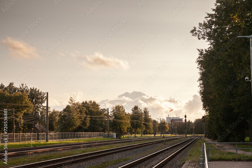 Picture of the tracks of latvian railways in Sigulda, Latvia, at dusk.