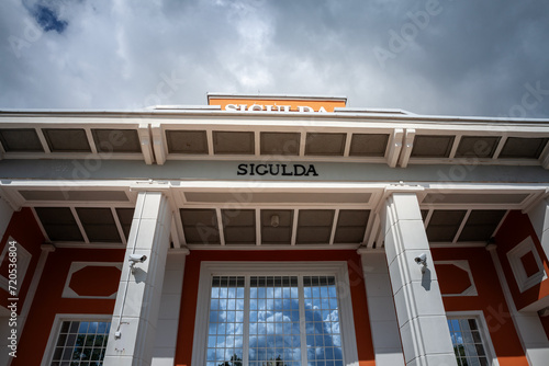 Picture of a sign of the Sigulda train station. Sigulda is a town in the Vidzeme region of Latvia, 53 kilometres from the capital city Riga. photo