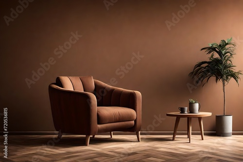 interior of living brown fabric armchair, wooden table on wooden floor and brown wall copy space