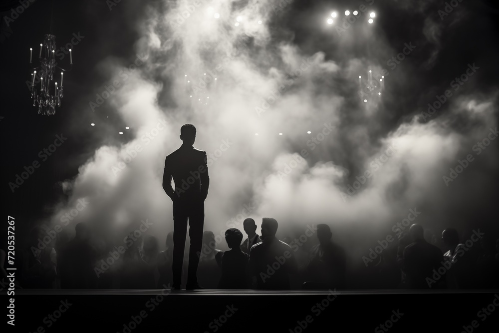 Indoor black and white photograph of an actor seen in silhouette on a small stage surrounded by an audience, all in silhouette. From the series “Art Film - Black and White, Indoor black and white photograph of an actor seen in silhouette on a small stage surrounded by an audience, all in silhouette. From the series “Art Film - Black and White,
