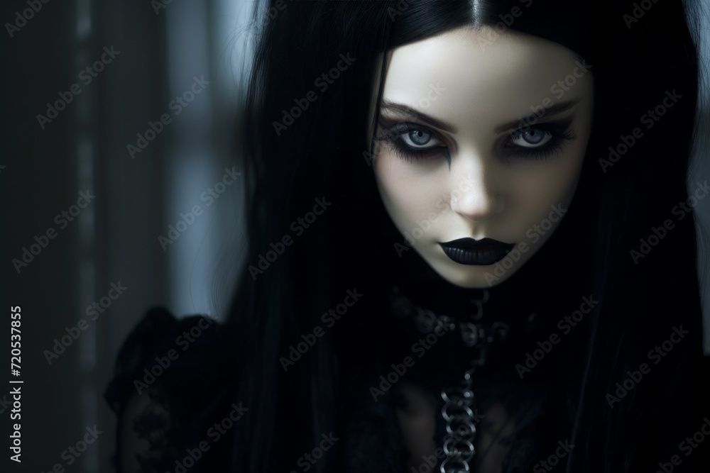 goth girl in black clothes, with black hair and dark makeup. youth subculture. style or outfit for a party. goth girl in black clothes, with black hair and dark makeup. youth subculture. style or outfit for a party.