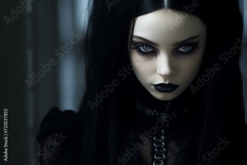 goth girl in black clothes, with black hair and dark makeup. youth subculture. style or outfit for a party.