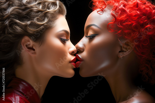 Close-up portrait of two beautiful kissing women on black background.