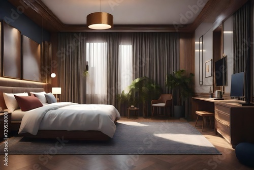 a photorealistic 3D illustration of an interior  either a bedroom or hotel room  using AI image rendering techniques.
