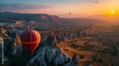 A colorful hot air balloon flight over Cappadocias unique fairy chimneys and rock formations at dawn. photo
