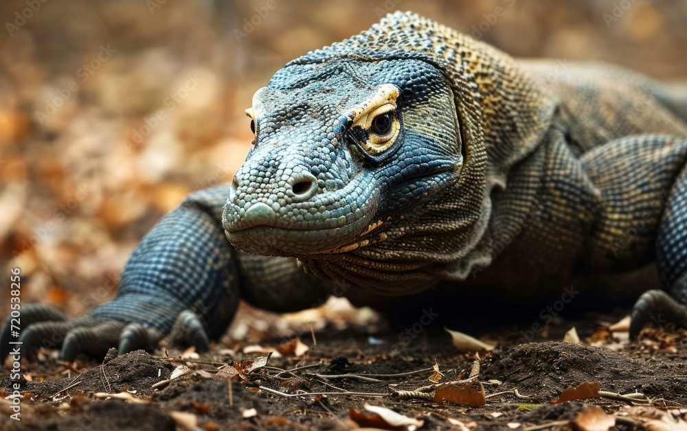 Komodo dragon with scaly skin blending with the earthy surrounding Komodo dragon with scaly skin blending with the earthy surrounding