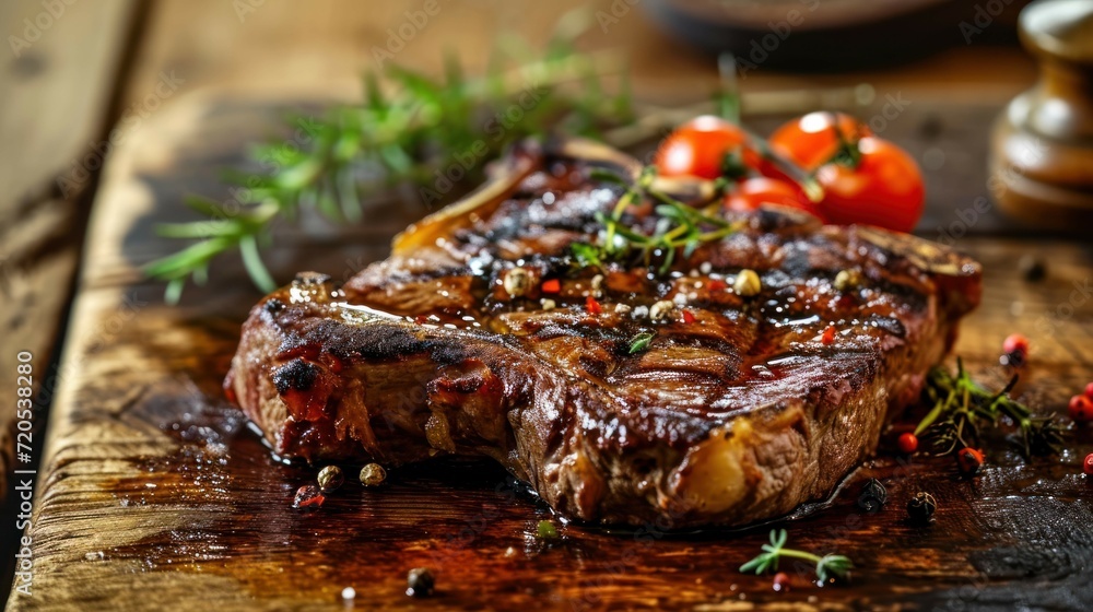 Ribeye Steak against a rustic steakhouse setting Ribeye Steak against a rustic steakhouse setting