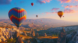 A colorful hot air balloon ride over Cappadocia Turkey showcasing the unique rock formations and fairy chimneys.