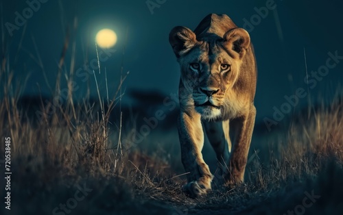 lioness on a nocturnal prowl in the moonlit savannah