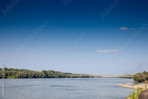 Picture of the danube on a panorama in Ilok, croatia, with the ilok backa Palanka bridge behind. The Ilok–Bačka Palanka Bridge or the 25 May Bridge crosses the Danube at its 1297th kilometer, connecti © Jerome