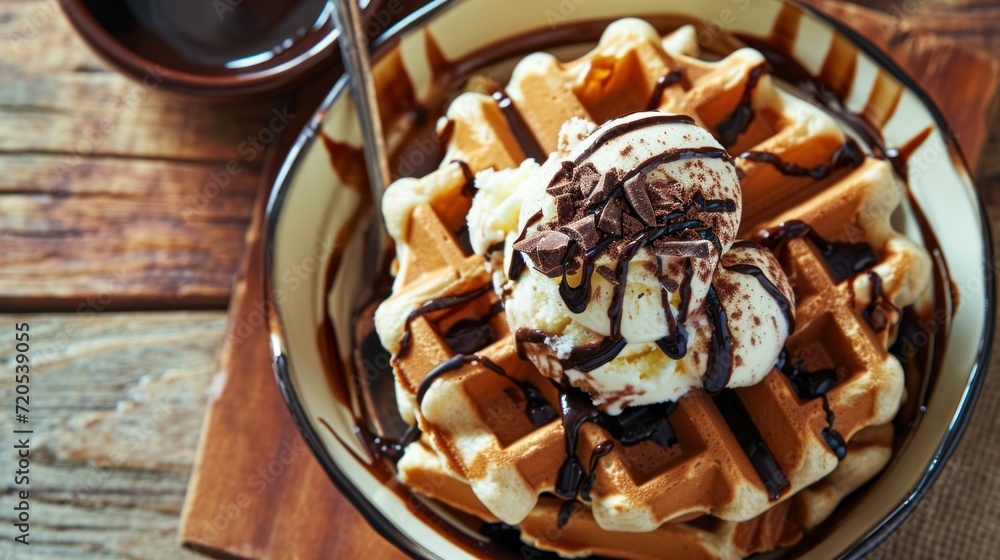Overhead shot of Waffle Sundae with Ice Cream on a minimalist background Overhead shot of Waffle Sundae with Ice Cream on a minimalist background