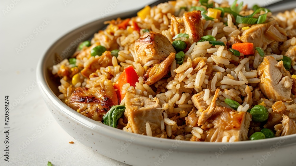 side view Chicken Fried Rice against a white backdrop side view Chicken Fried Rice against a white backdrop