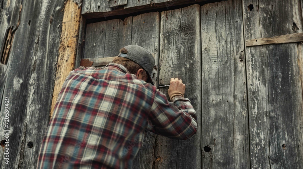 Shot of a farmer repairing the wooden siding on a barn Shot of a farmer repairing the wooden siding on a barn