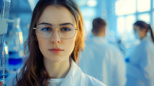 Teamwork within the modern Medical Science Laboratory by framing the beautiful young woman scientist in the foreground, confidently wearing her white coat and glasses photo