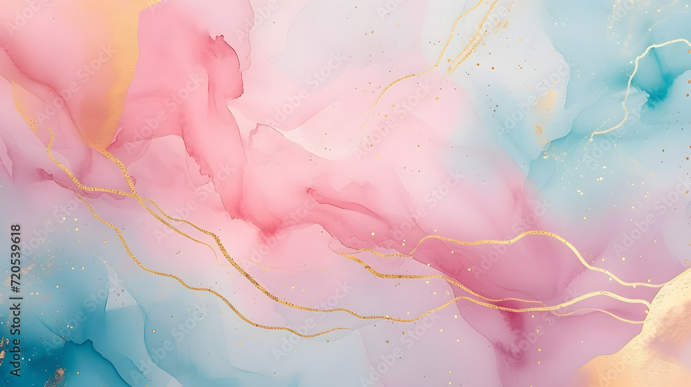 Abstract watercolor paint background illustration - Soft pastel pink blue color and golden lines
