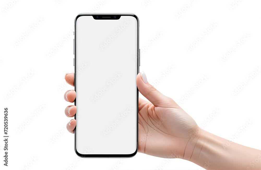 Woman hand holding the black smartphone with blank screen and modern ...
