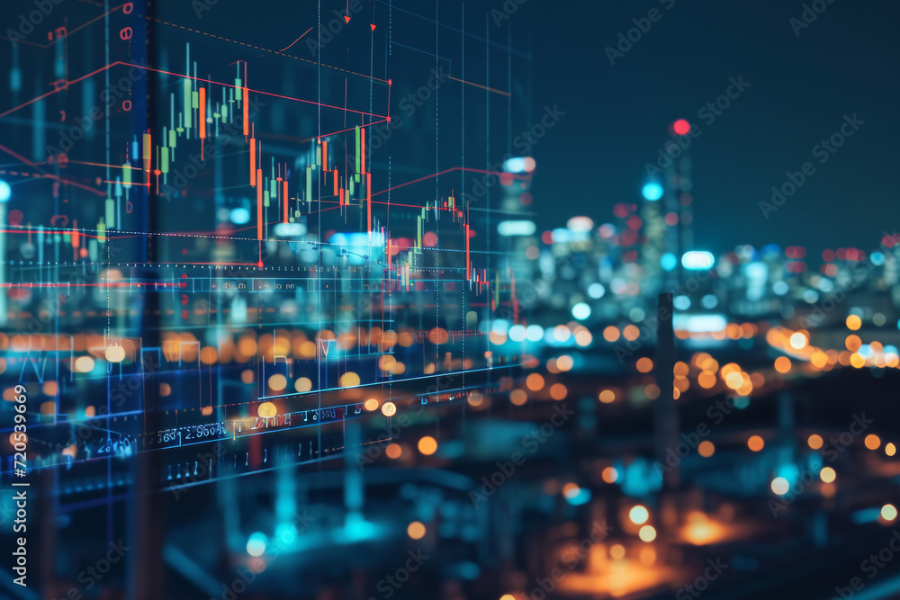 Abstract investment chart on blurry city backdrop. Abstract investment chart on blurry city backdrop.
