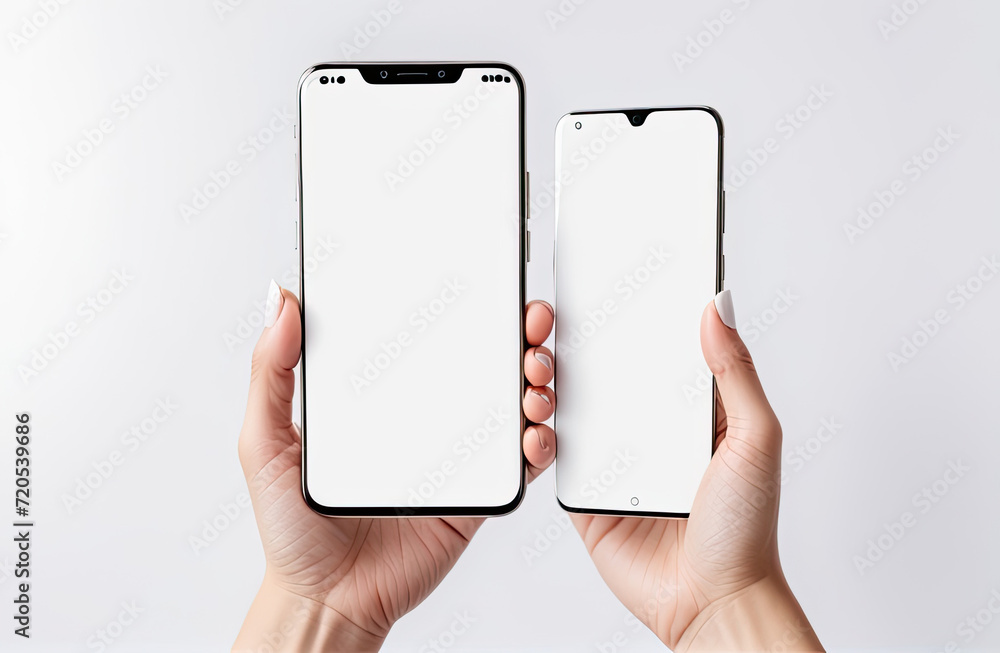 Woman hand holding the black smartphone with blank screen and modern ...