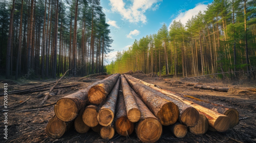 Log spruce trunks pile. Sawn trees from the forest. Logging timber wood industry. Cut trees along a road prepared for removal. Panorama Log spruce trunks pile. Sawn trees from the forest. Logging timber wood industry. Cut trees along a road prepared for removal. Panorama