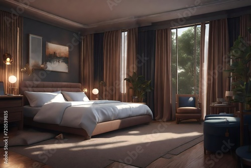 a photorealistic 3D illustration of an interior, either a bedroom or hotel room, using AI image rendering techniques.
