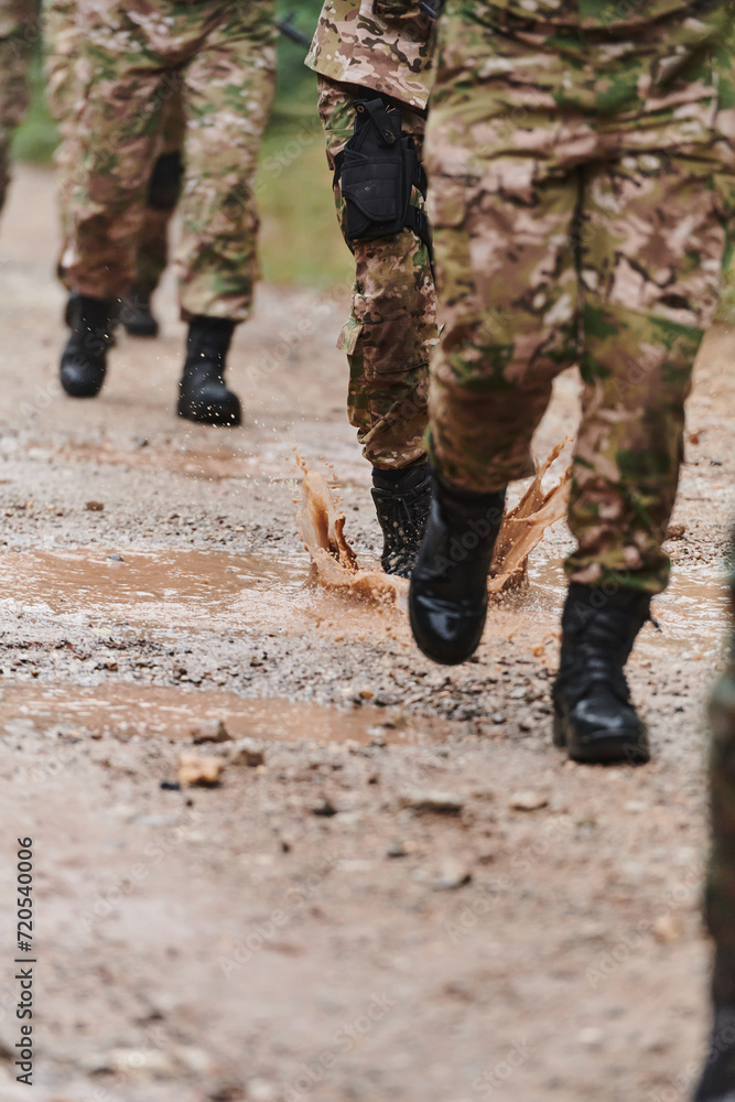 Close up photo, the resilient legs of elite soldiers, clad in camouflage boots, stride purposefully along a hazardous forest path as they embark on a high-stakes military mission Close up photo, the resilient legs of elite soldiers, clad in camouflage boots, stride purposefully along a hazardous forest path as they embark on a high-stakes military mission