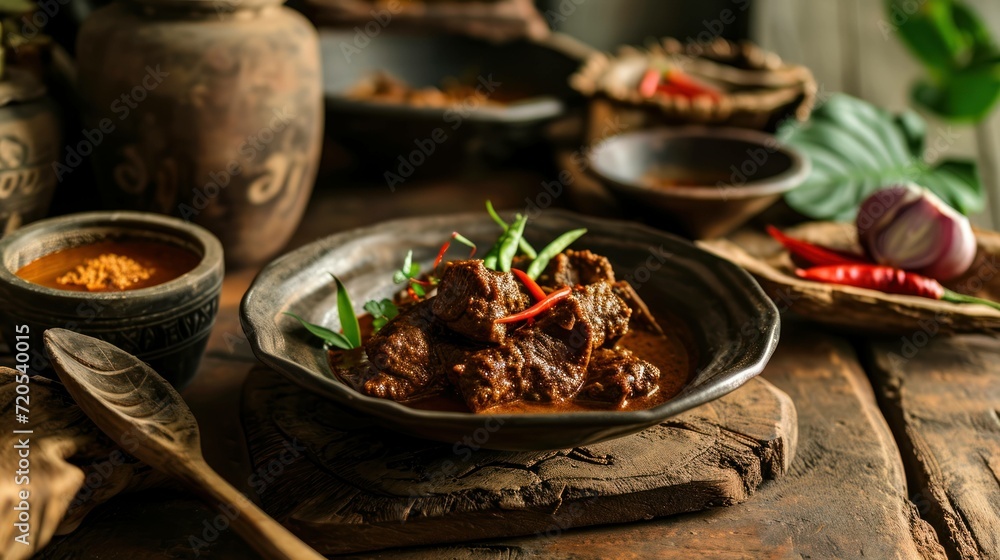 Beef Rendang against a rustic Indonesian kitchen Beef Rendang against a rustic Indonesian kitchen