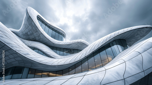A contemporary art museum with a unique abstract design featuring flowing lines and open spaces.