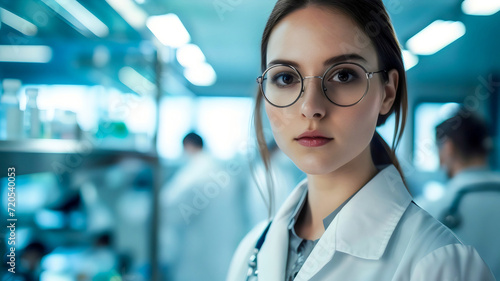 Teamwork within the modern Medical Science Laboratory by framing the beautiful young woman scientist in the foreground, confidently wearing her white coat and glasses photo