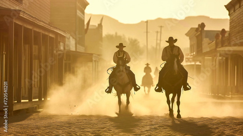 Cowboys riding in an old wild west town © Adrian Grosu