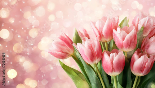 Beautiful composition spring flowers Bouquet of pink tulips flowers on pastel pink background