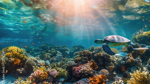 Underwater Paradise: Turtles Swimming Amongst Vibrant Coral Reef