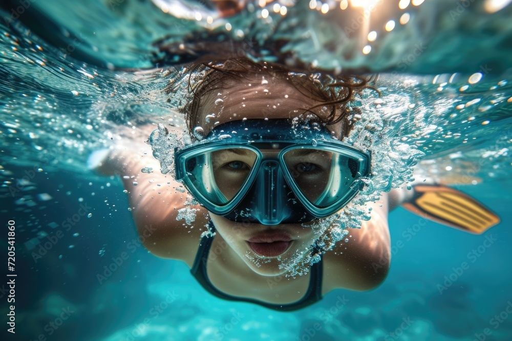 Young Boy Snorkeling Underwater with Clear Goggles