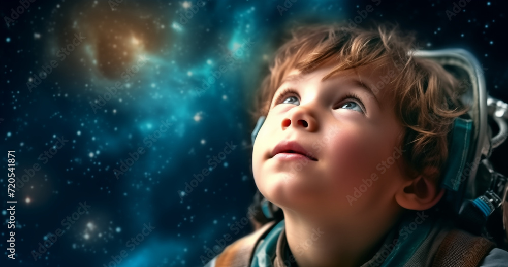 Illustragion of beautiful scenery showing the young boy girl among glowing planets and star in the night sky, dreaming or hope concept Illustragion of beautiful scenery showing the young boy girl among glowing planets and star in the night sky, dreaming or hope concept