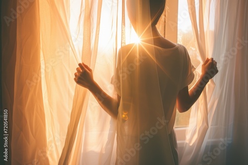 Woman Stretching Curtains Open to Welcome Morning Sun photo