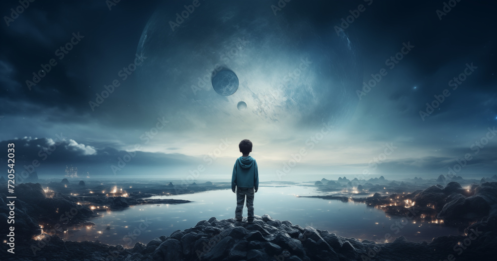 Illustragion of beautiful scenery showing the young boy girl among glowing planets and star in the night sky, dreaming or hope concept Illustragion of beautiful scenery showing the young boy girl among glowing planets and star in the night sky, dreaming or hope concept