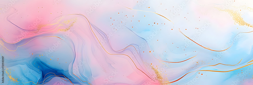 Abstract watercolor paint background illustration - Soft pastel pink blue color and golden lines, with liquid fluid marbled paper texture