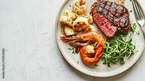 Top down shot of a Surf and Turf Steak Plate on a neutral white background