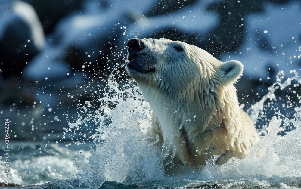 polar bear shaking off icy water after emerging from a swim